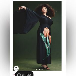 Eloquii One-Shoulder Black Dress with Painted Orange Tulips